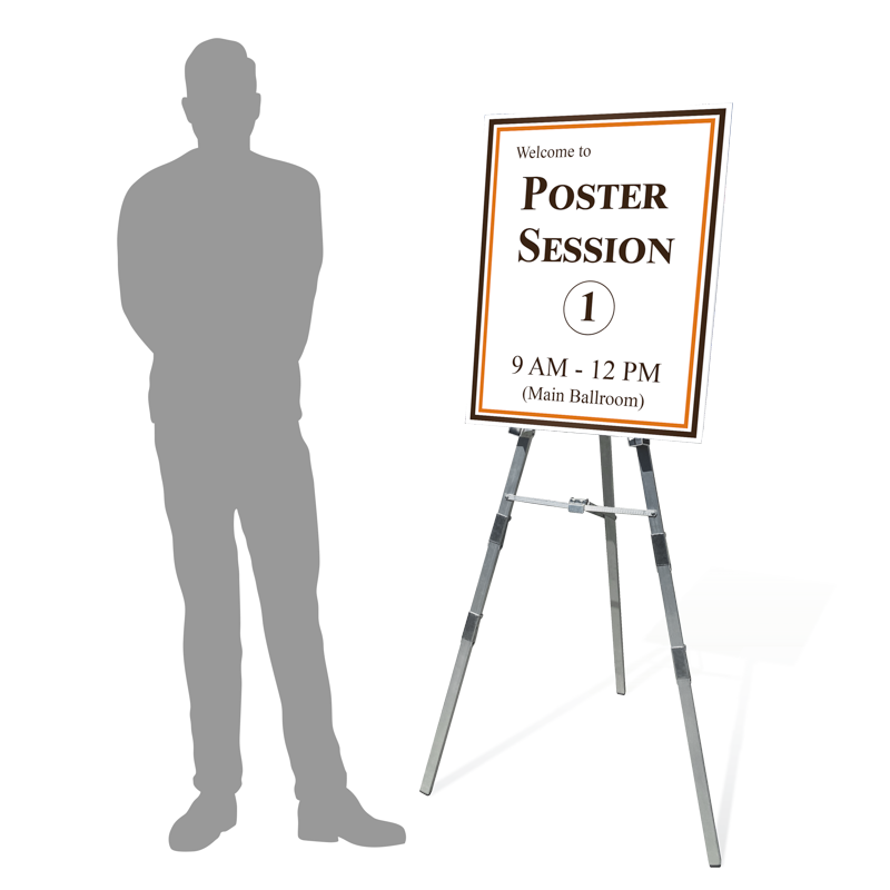 Twenty-two by twenty-eight inch foam board Poster Session sign on a chrome floor easel stand