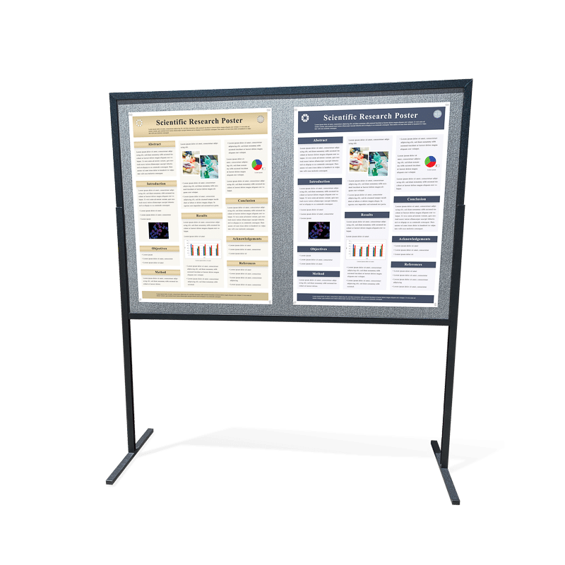 Two 30 by 40-inch portrait aligned research posters on a 4 by 6-foot self-standing poster board