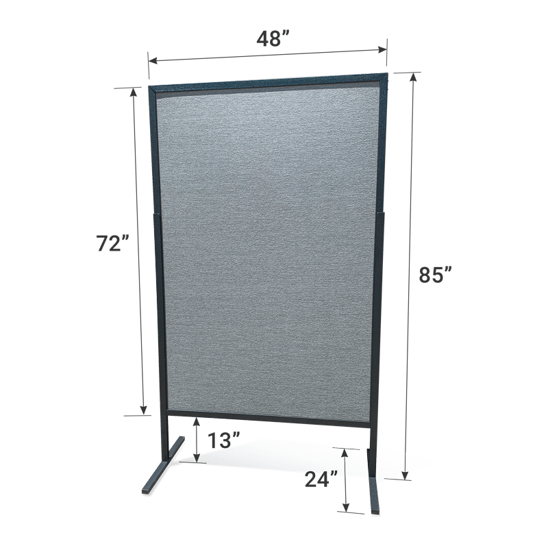 4 by 6-foot self-standing two-sided vertically-aligned poster board with a black frame and gray velcro receptive fabric with dimensions