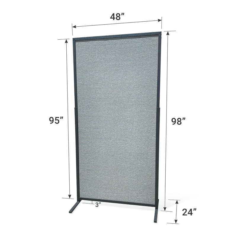 4 by 8-foot self-standing two-sided vertically-aligned poster board with a black frame and gray velcro receptive fabric with dimensions