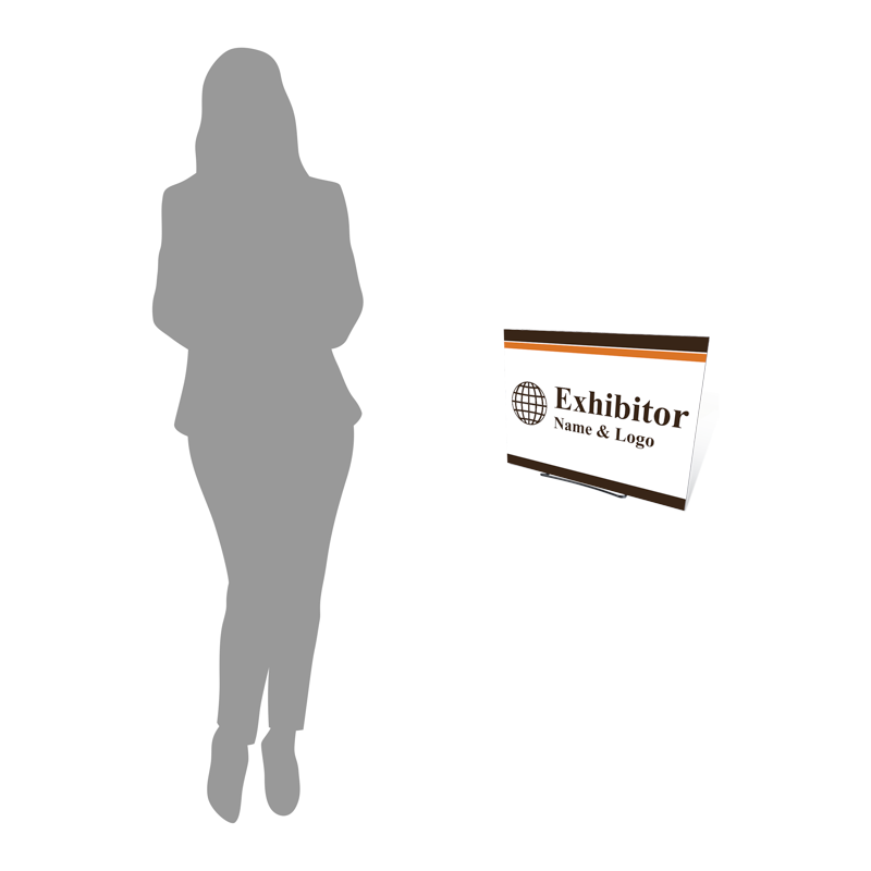 Nine by twelve inch foam board Exhibitor Name and Logo sign on a black wire table-top easel