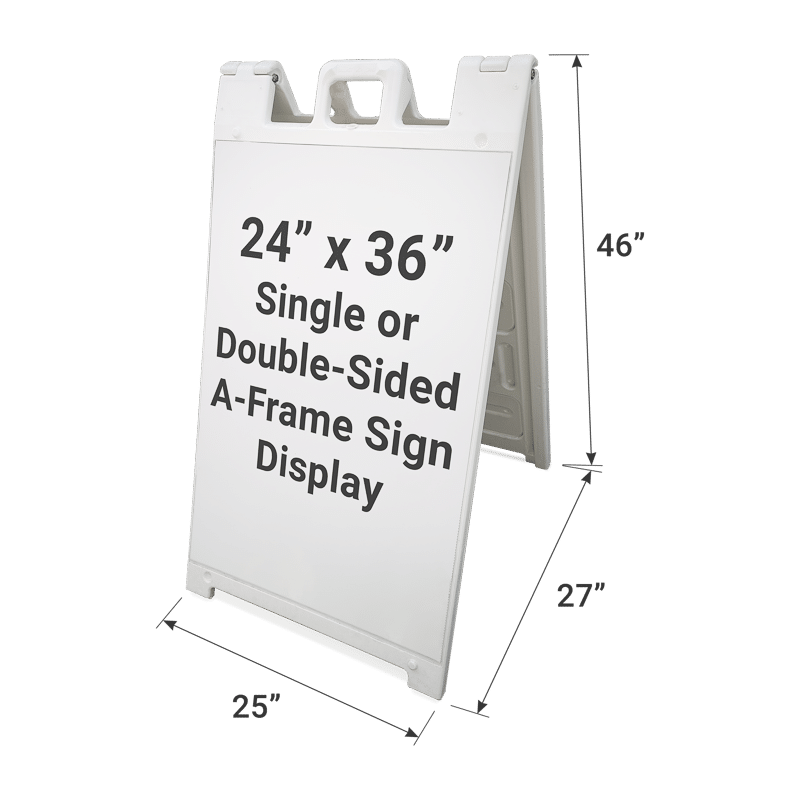 White plastic 24 by 36-inch A-frame double-sided sign with dimensions