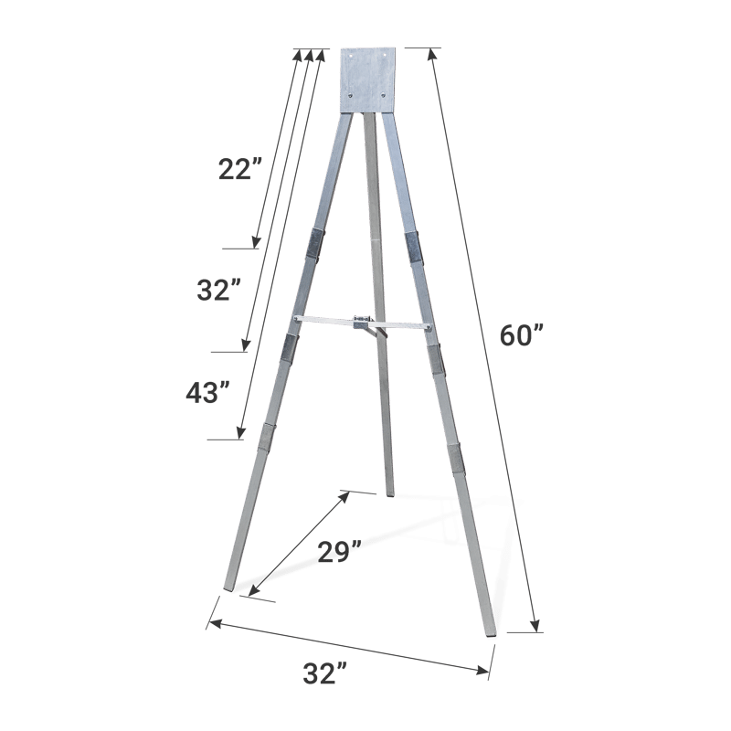 Chrome foldable easel stand with 3 levels to hold rigid signs or boards with dimensions