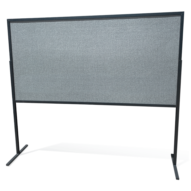 4 by 8-foot self-standing two-sided poster board with a black frame and gray velcro receptive fabric